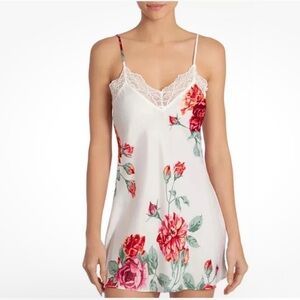 New In Bloom white Lace Trim Rose botanical floral satin nightgown slip dress S